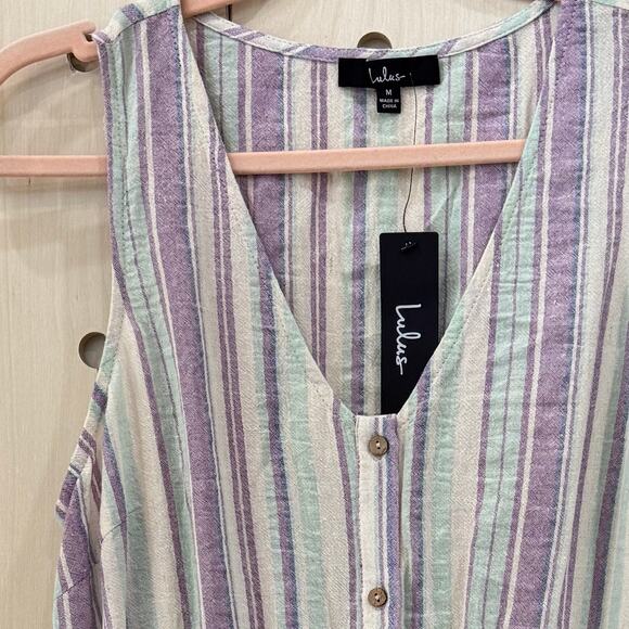 LULU’S Forever Adventure Romper Size M NEW Lilac Multi Striped Drawstring Waist - Picture 3 of 13
